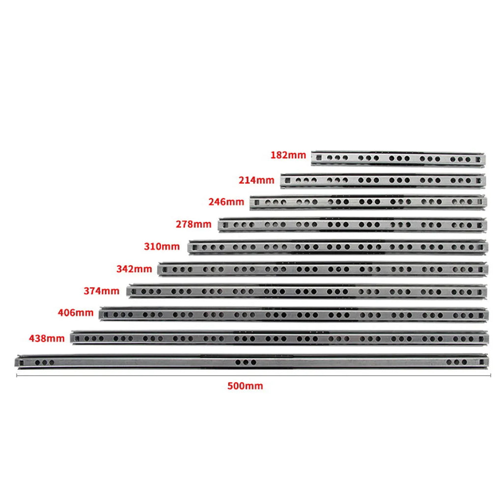 Two-section ultra-narrow drawer slide rail with ball bearings, shown in 17mm width