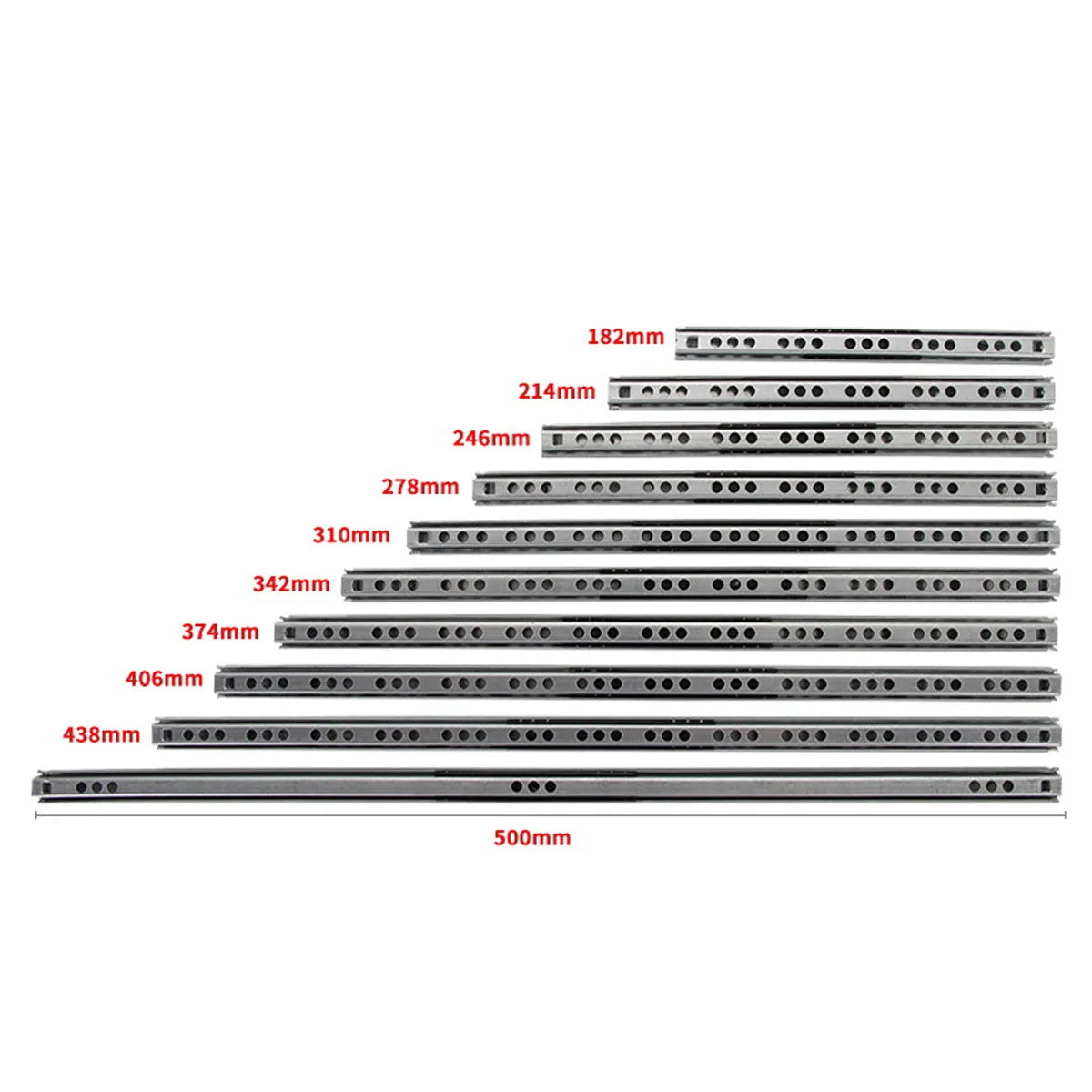 Two-section ultra-narrow drawer slide rail with ball bearings, shown in 17mm width