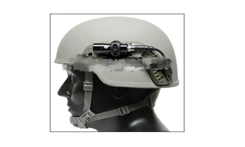 Black helmet flashlight socket mounted on MICH rail with Q5 flashlight fixture bracket