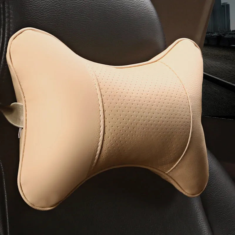Breathable car headrest with leather cover, down yarn filling, and classic punched ventilation pattern