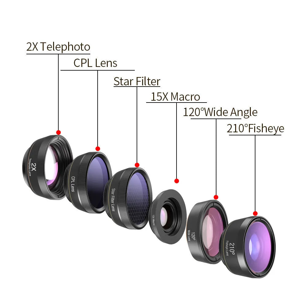 Black aluminium 6-in-1 smartphone lens kit with fisheye, wide-angle, macro, telephoto, CPL and star filter lenses on a universal clip.