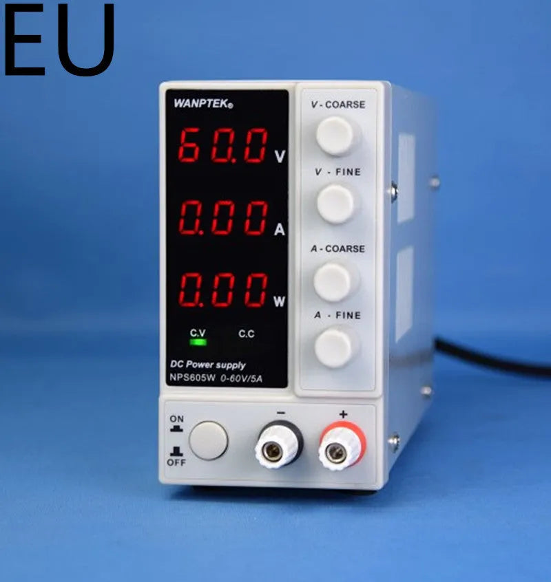 White adjustable DC power supply unit with voltage and current controls for electronics testing