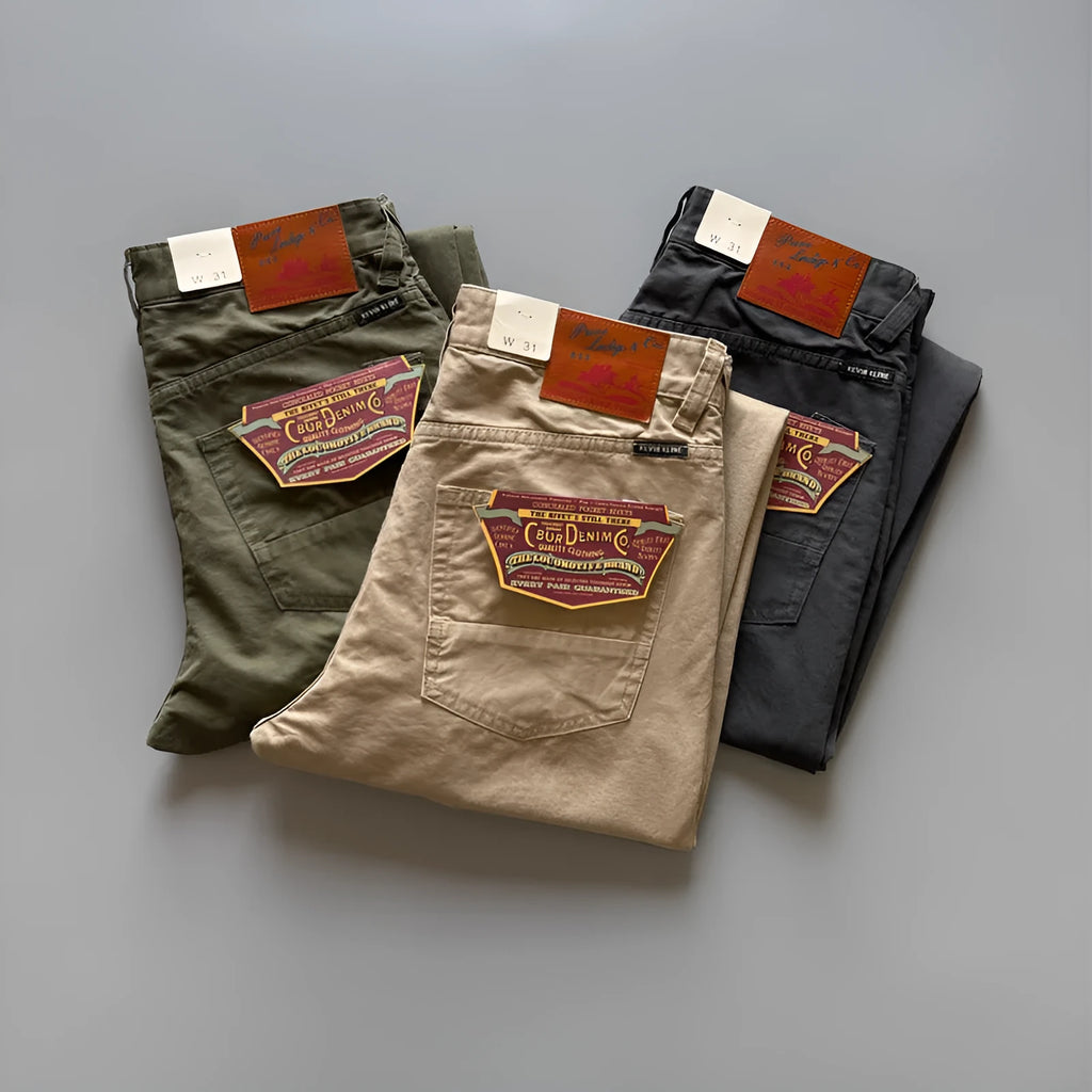 Men's straight leg cotton casual trousers in grey, army green, or khaki colour on a mid waist.