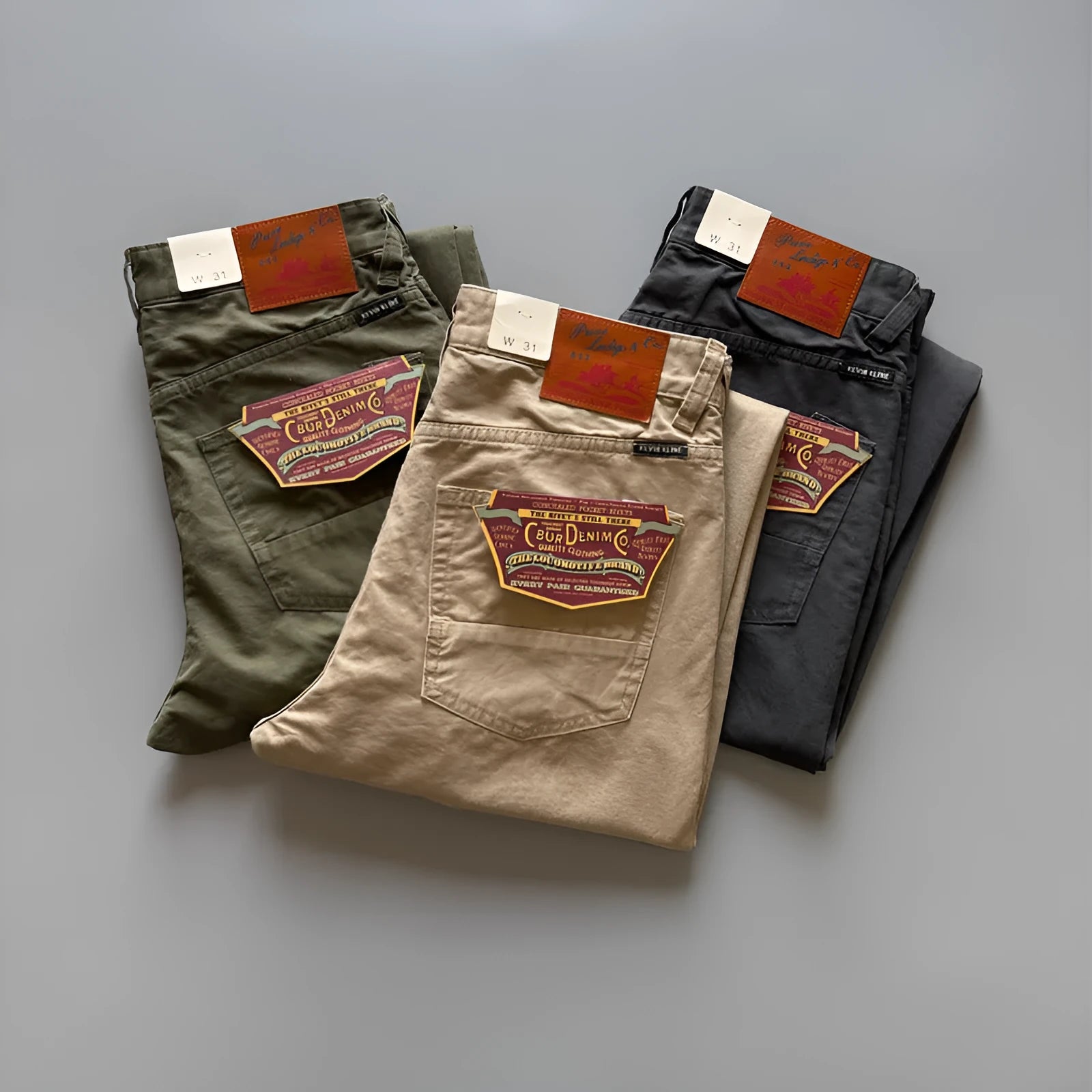 Men's straight leg cotton casual trousers in grey, army green, or khaki colour on a mid waist.