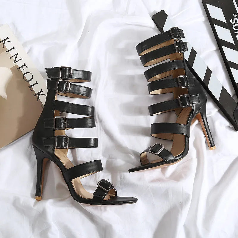 British high tube high heel sandals for women with belt buckle, Black colour
