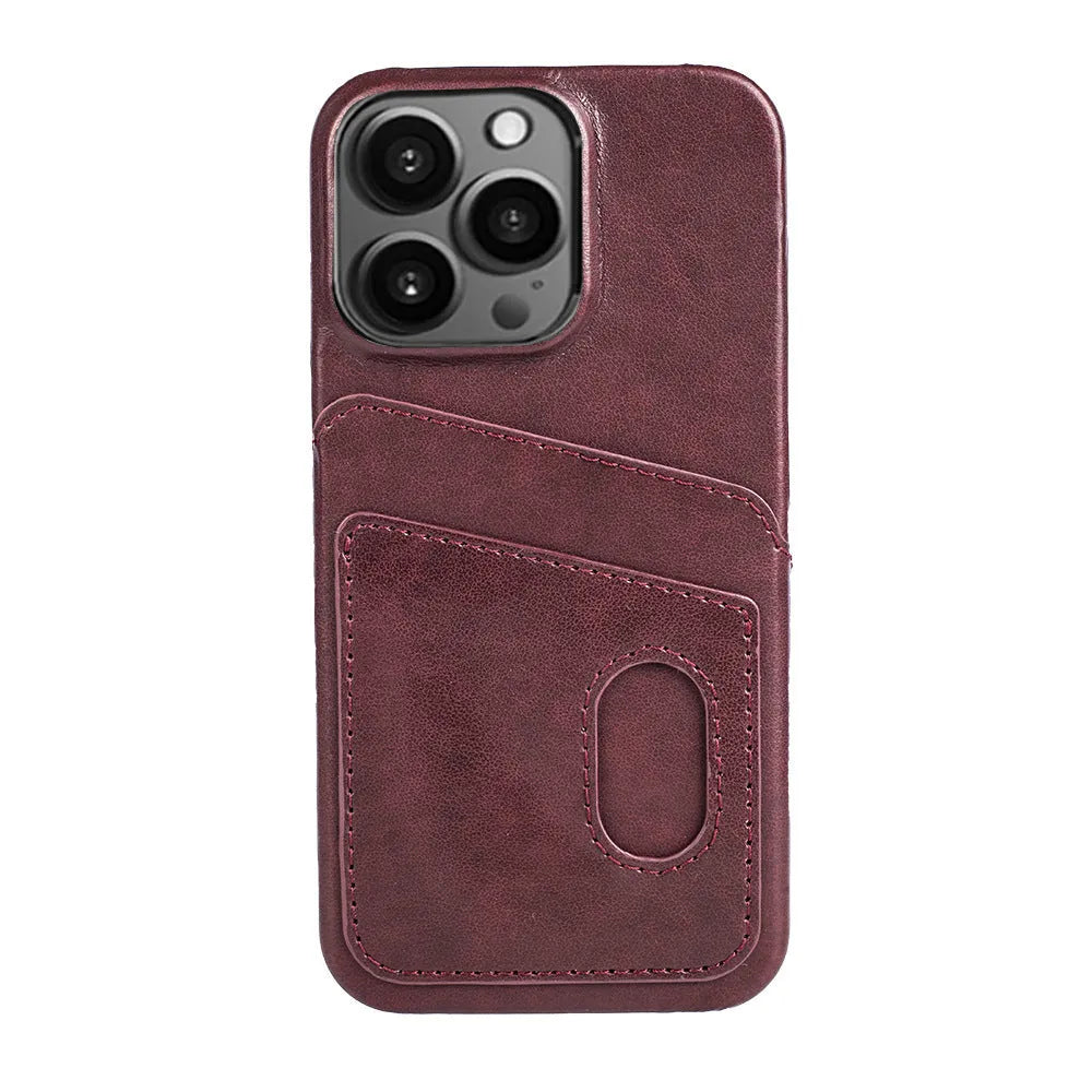 PU leather flip wallet phone case with card slots for iPhone, dark brown colour, front view