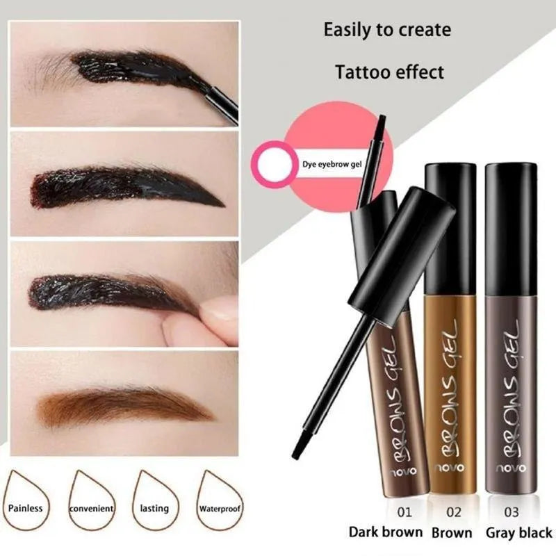 6g peel-off eyebrow tint gel tube with flat brush, available in Brown, Dark Brown and Gray Black