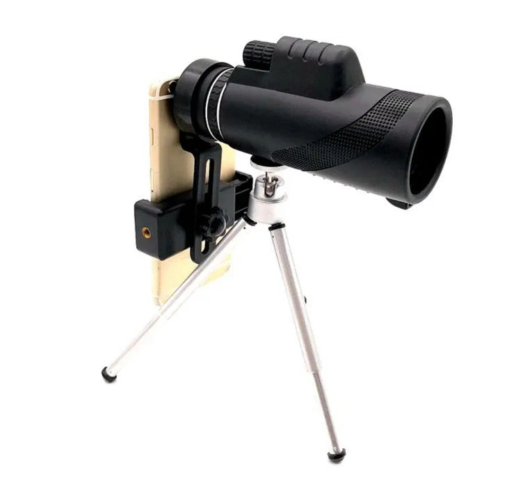 Black 40x60 smartphone monocular telescope with mounting adapter on a phone for HD observation.