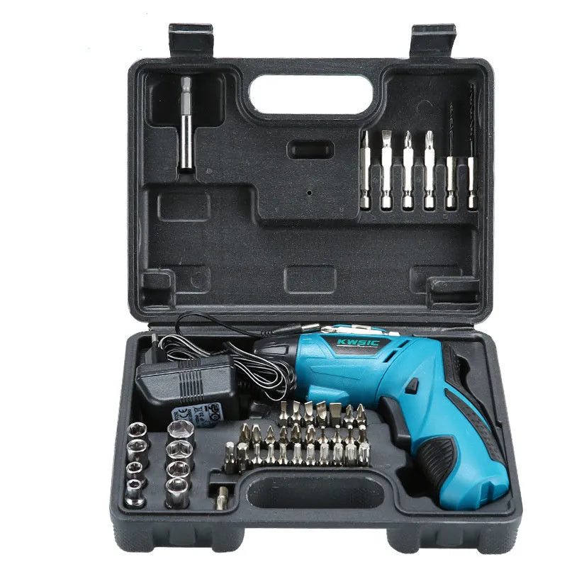 4.8V rechargeable electric screwdriver set with blue body, rotating handle, and battery indicator light on a grey background