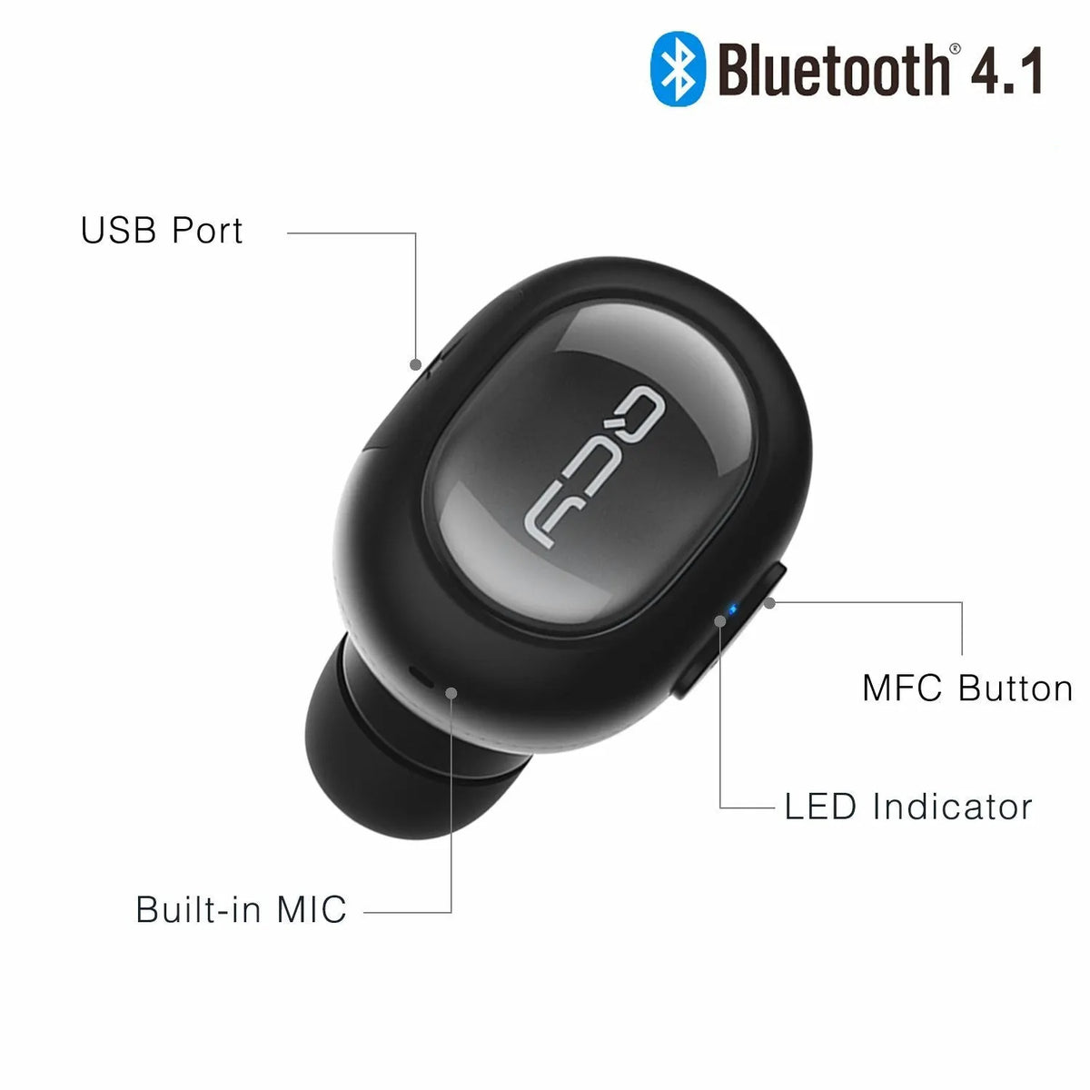 QCY Q26 black single-ear Bluetooth headset with microphone, USB cable and three earplugs