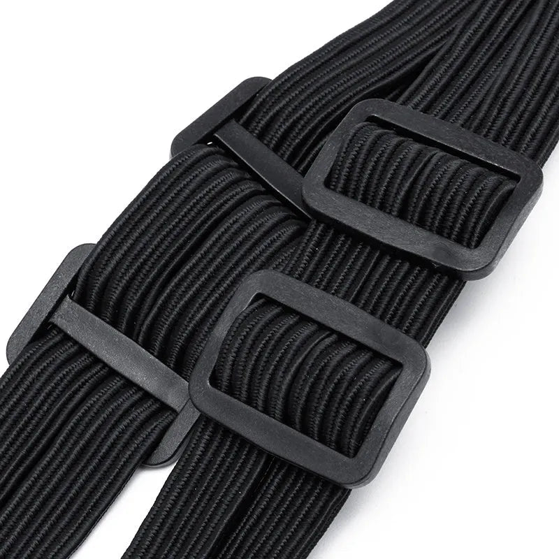 Black elastic motorcycle helmet strap with 2 hooks, 60cm relaxed length, stretching to 120cm