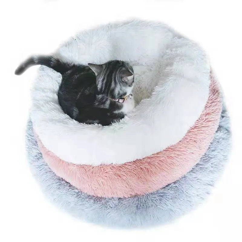 Washable round plush dog kennel bed with PP cotton fill in light grey, 40-120cm diameter options
