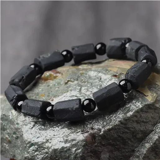 Natural black tourmaline rough stone unisex bracelet on adjustable cord