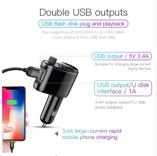 Bluetooth FM transmitter car charger with dual USB ports and voltage detection display