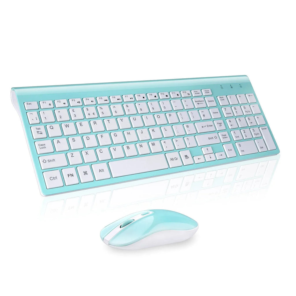 Blue wireless keyboard and mouse set with full-size layout and numeric keypad for desktop computer