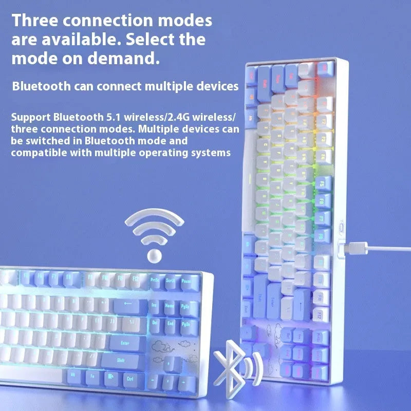 Wireless Bluetooth mechanical keyboard with metal construction in blue and purple colour options