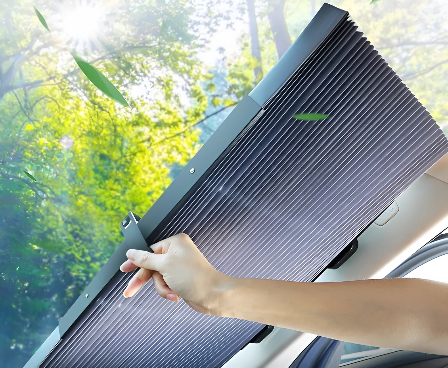 Upgraded automatic retractable car sunshade with encrypted polyester fabric and aluminum foil lining