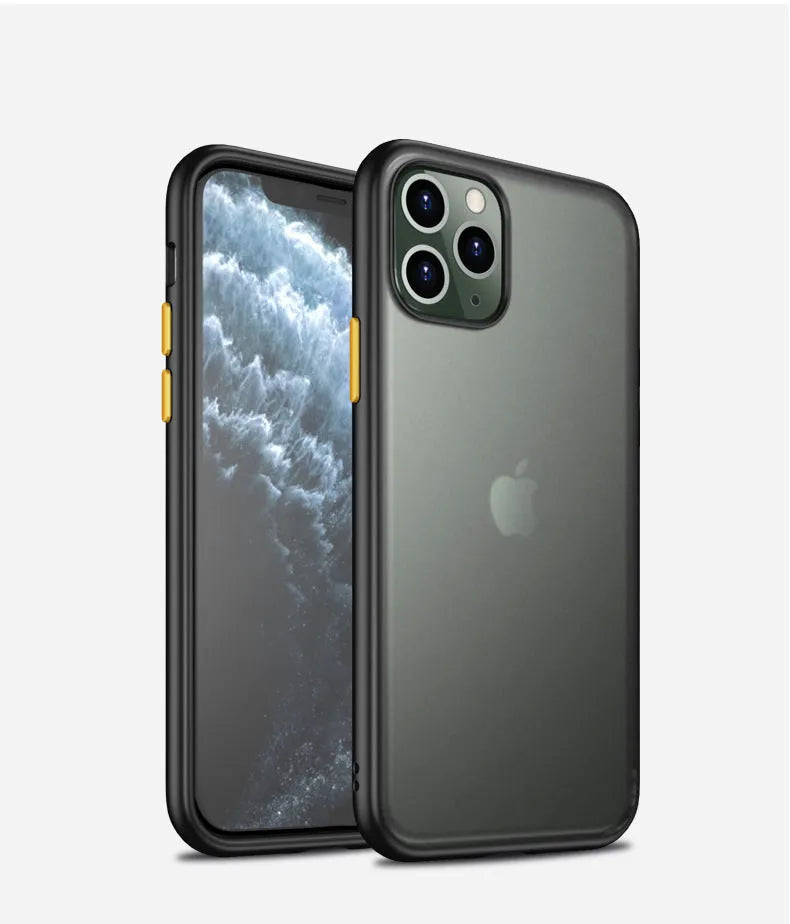 Frosted solid colour protective case for iPhone 11 series, showing black, green, purple, and red options.
