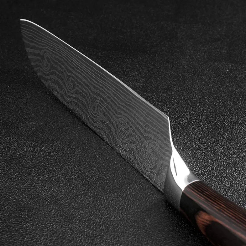 7Cr17 stainless steel chef knife with 18cm blade, laser Damascus pattern, and coloured wood handle