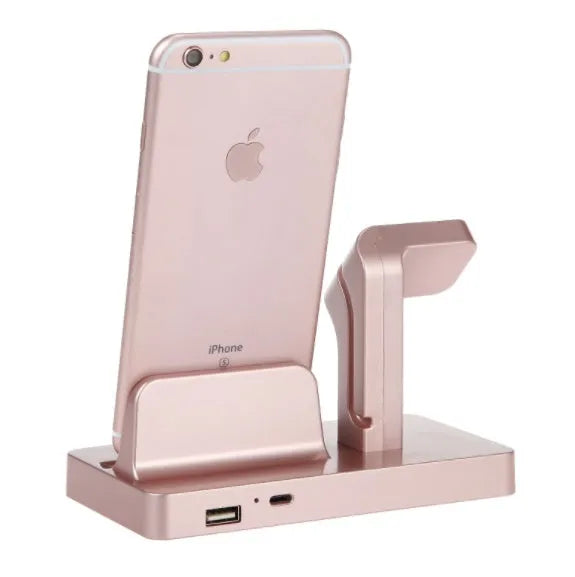 White desktop charging dock holding iPhone and Apple Watch upright for simultaneous charging