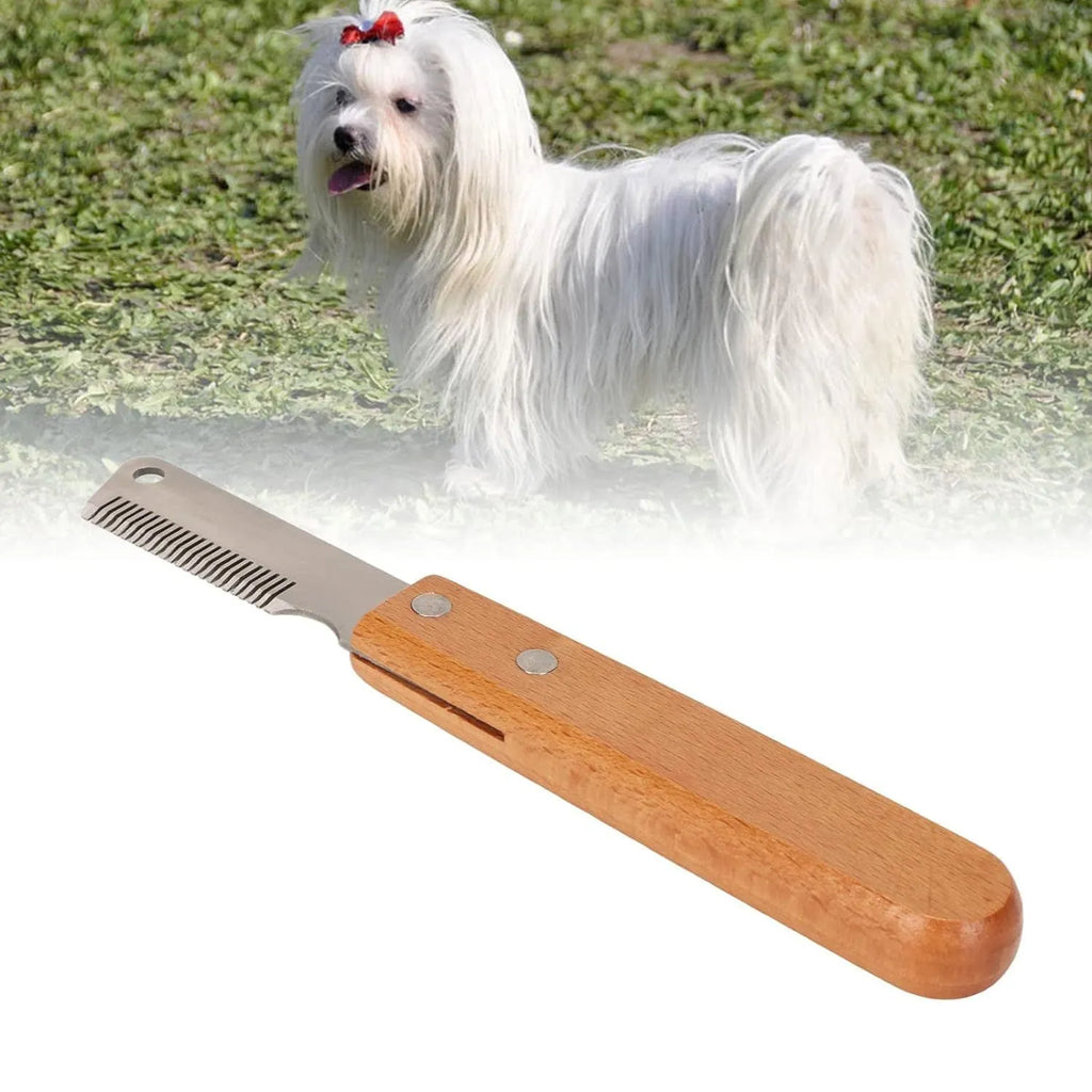 Pet stripping comb grooming tool with a wood handle and metal blade for dogs and cats.