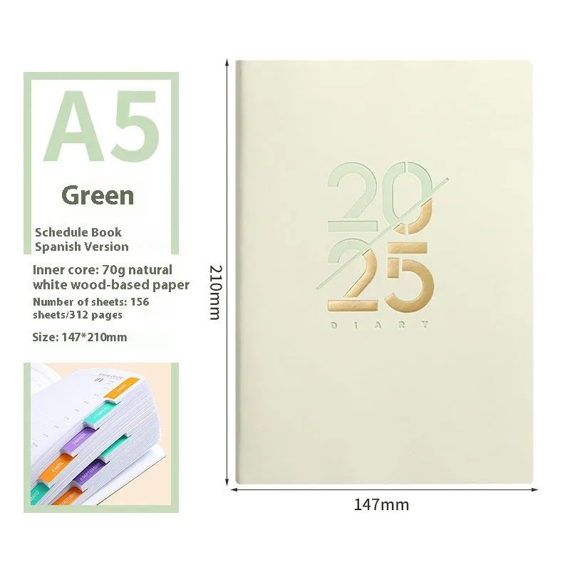 A5 faux leather daily schedule book open showing Dorian paper pages with binding detail