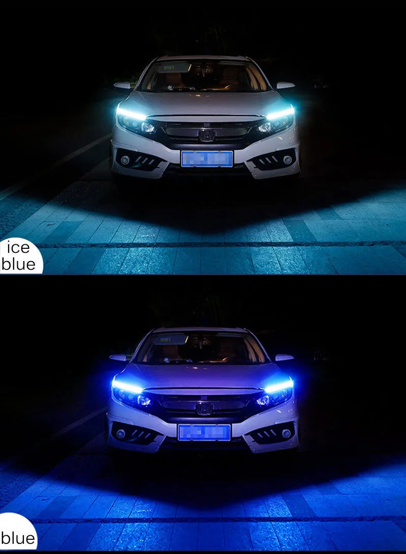 Car LED daytime running light strip with flowing turn signals in silicone waterproof construction