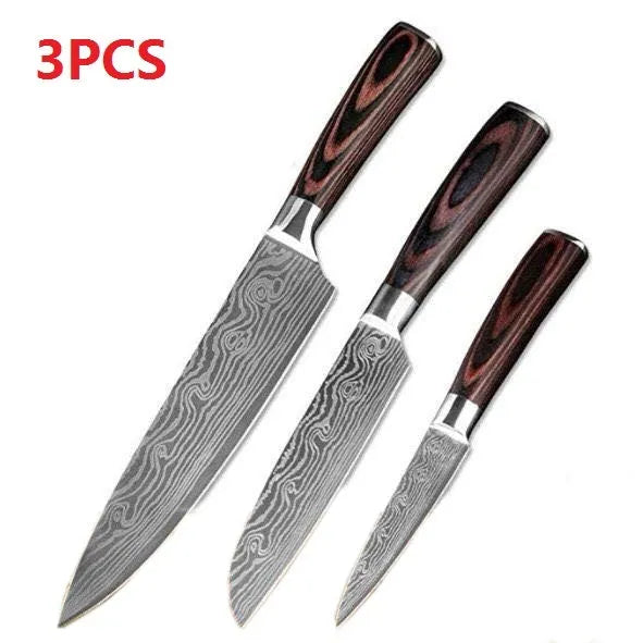 7Cr17 stainless steel chef knife with 18cm blade, laser Damascus pattern, and coloured wood handle