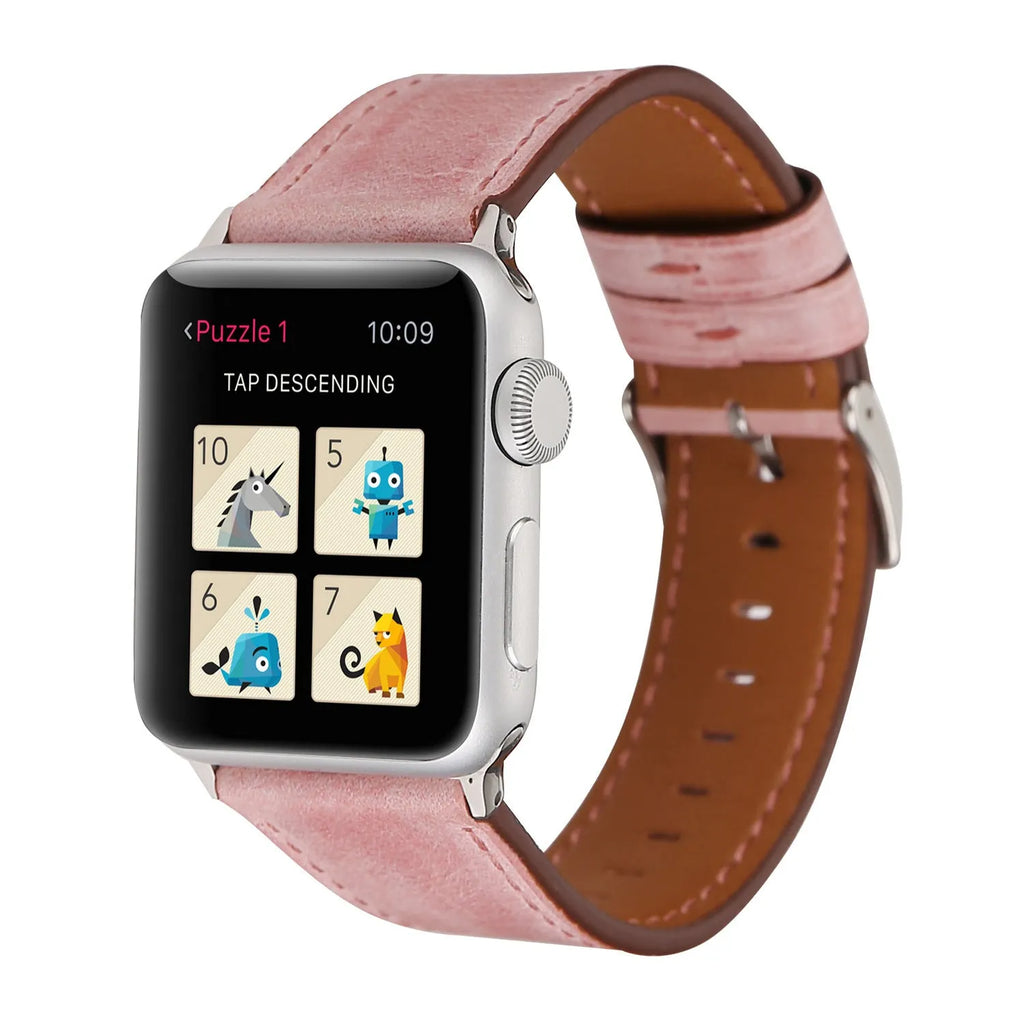 Leather watch strap with a folding buckle shown in multiple colour options.