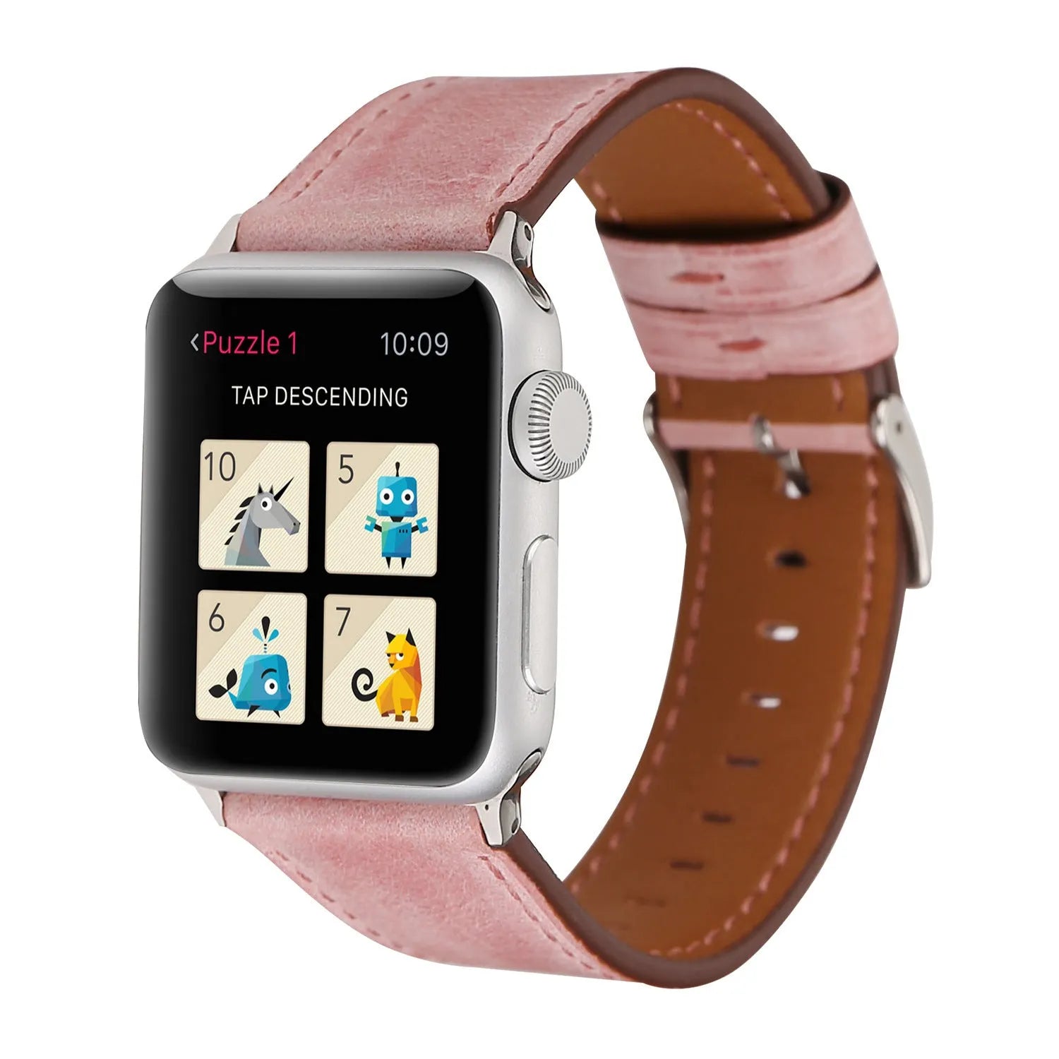 Leather watch strap with a folding buckle shown in multiple colour options.
