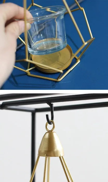 Set of six Nordic iron candle holders in various styles for block candles on a wooden shelf