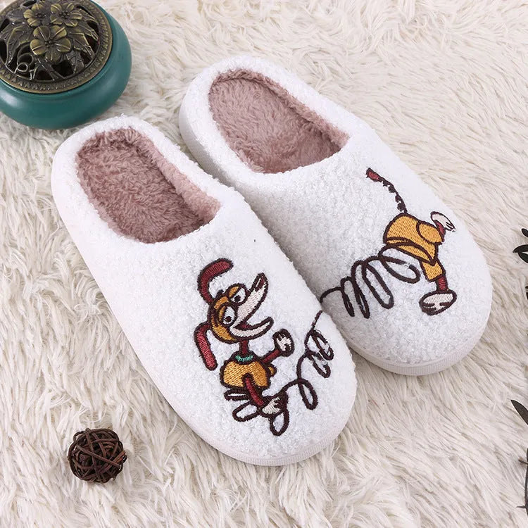 White cartoon pattern plush slippers with non-slip rubber soles