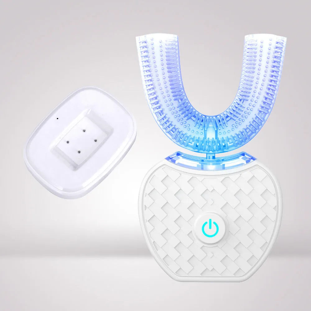 U-shaped lazy ultrasonic electric toothbrush with high-ductility head in black, showing curvature for incisors, canines, molars, and cheek teeth