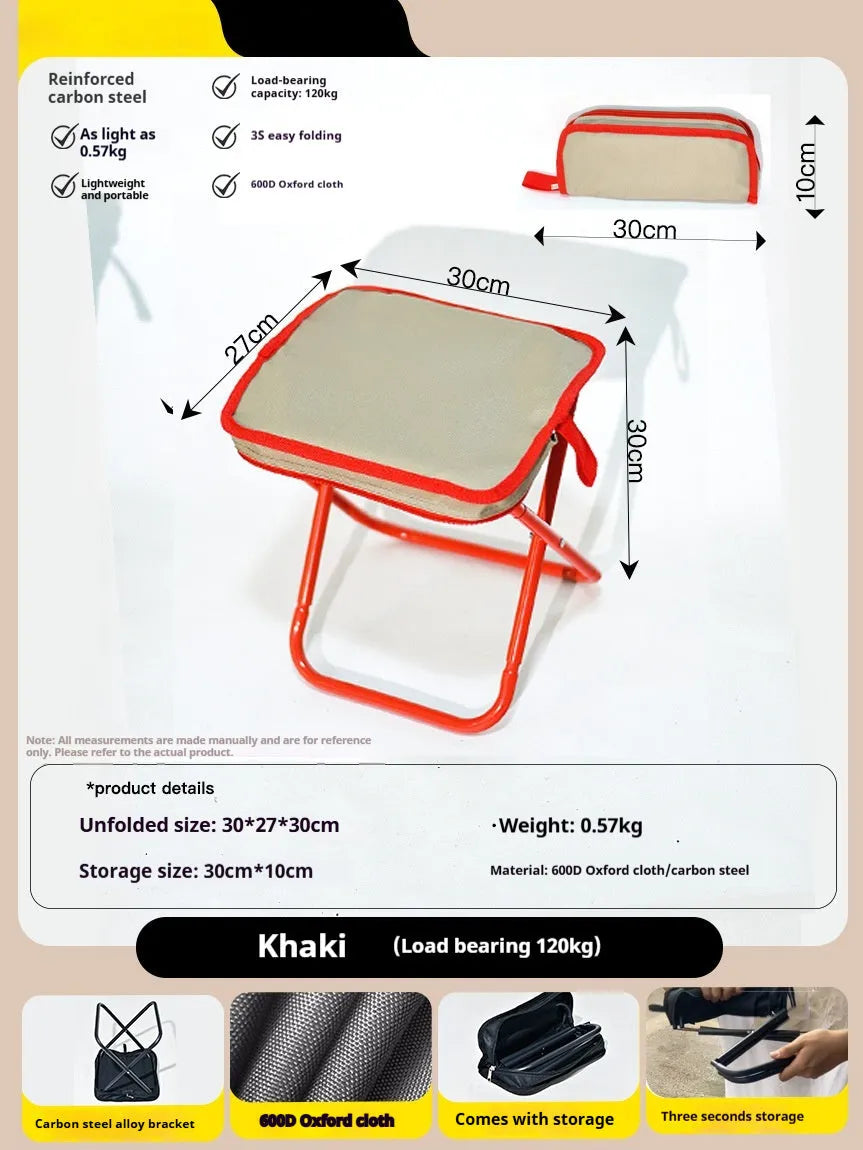 Outdoor foldable camp chair stool in Oxford cloth showing pencil box stool design and colour options