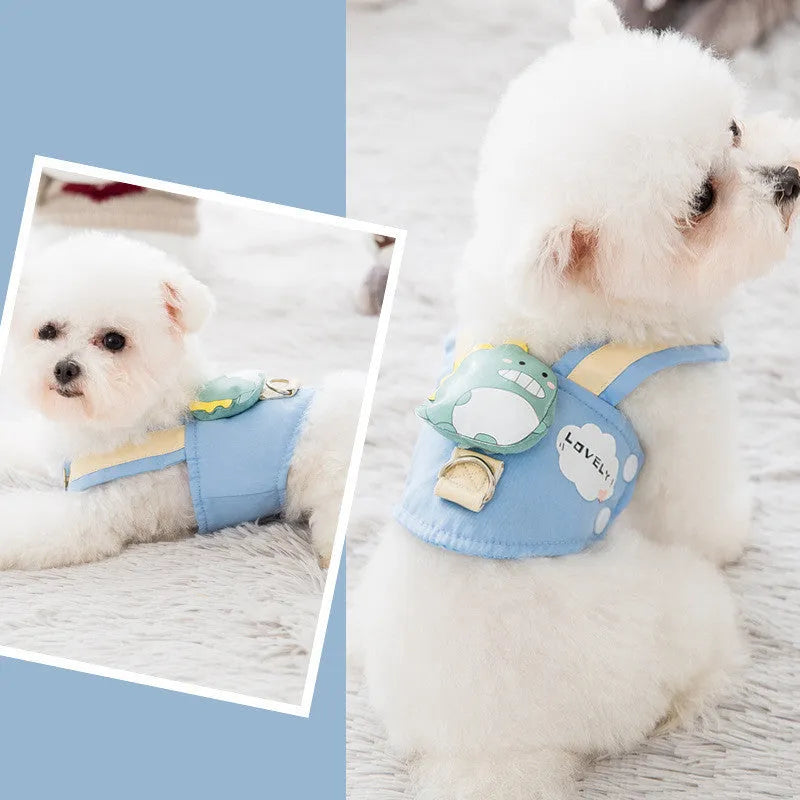 Pet dog harness and lead set in breathable polyester vest style for small to medium dogs, showing five sizes and seven colour options