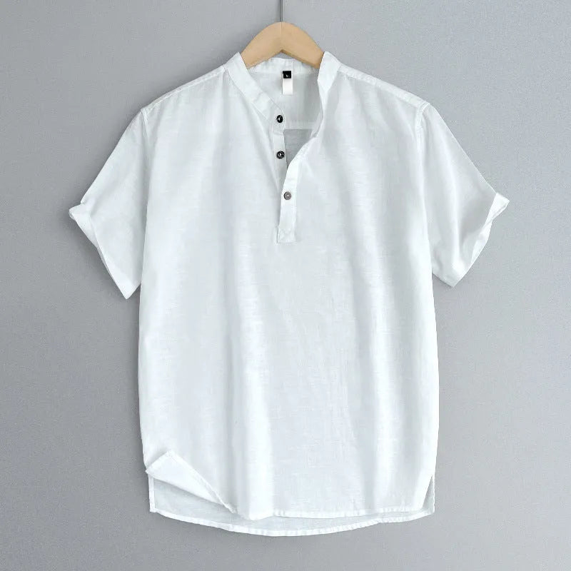 Men's solid colour short sleeve t-shirt in a cotton linen fabric blend on a hanger.