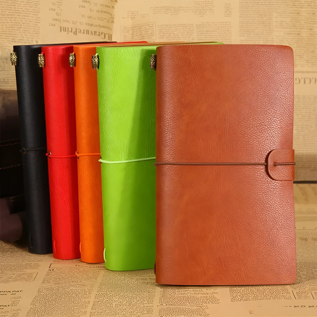 A6 vintage travellers notebook with PU cover, 200 x 120mm, shown in black, brown, light green, orange, and red options.