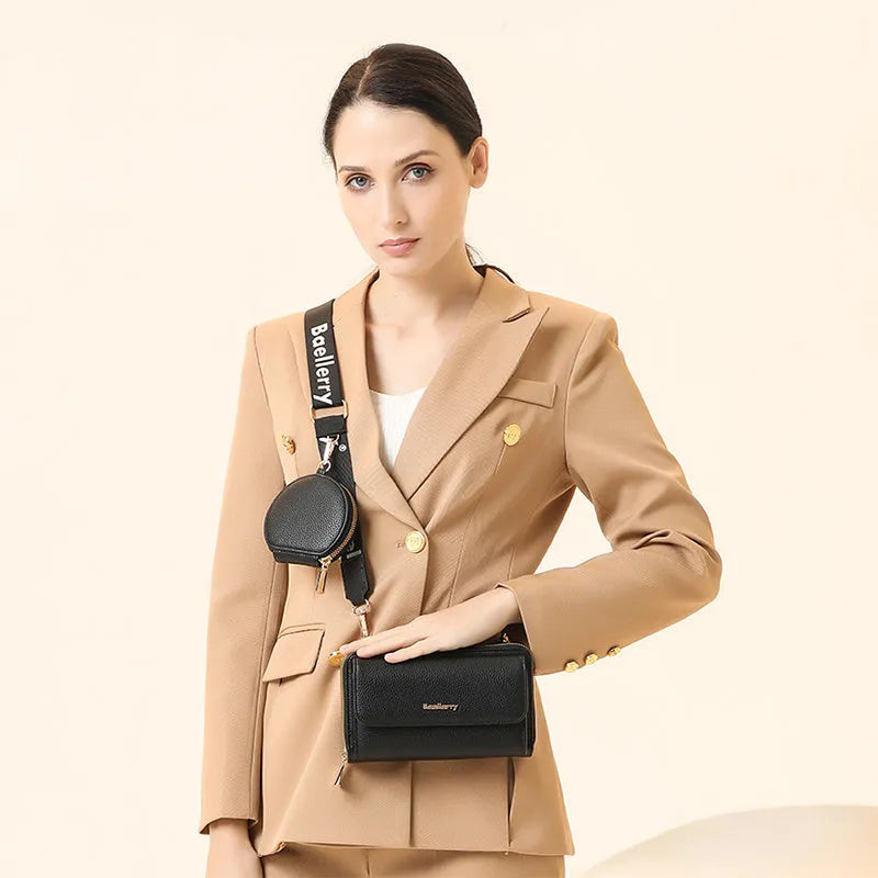 2pcs lychee texture PU crossbody phone bag and coin purse set, 19cm square bag with letter print, zip fastening and front pocket