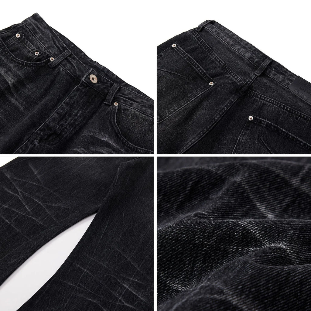 Men's black straight-leg jeans with a lightning crack wash pattern on cotton denim.