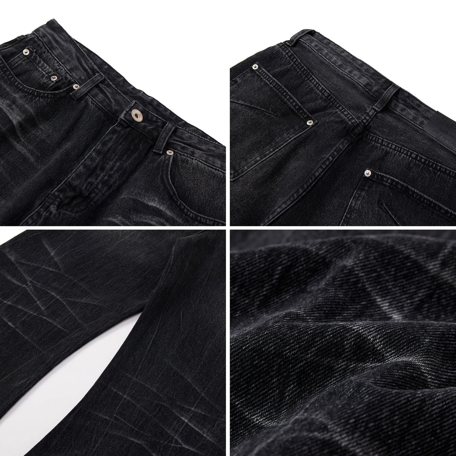 Men's black straight-leg jeans with a lightning crack wash pattern on cotton denim.