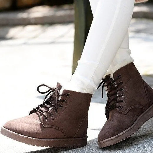 Women's winter ankle snow boots with suede upper and plush insole in beige