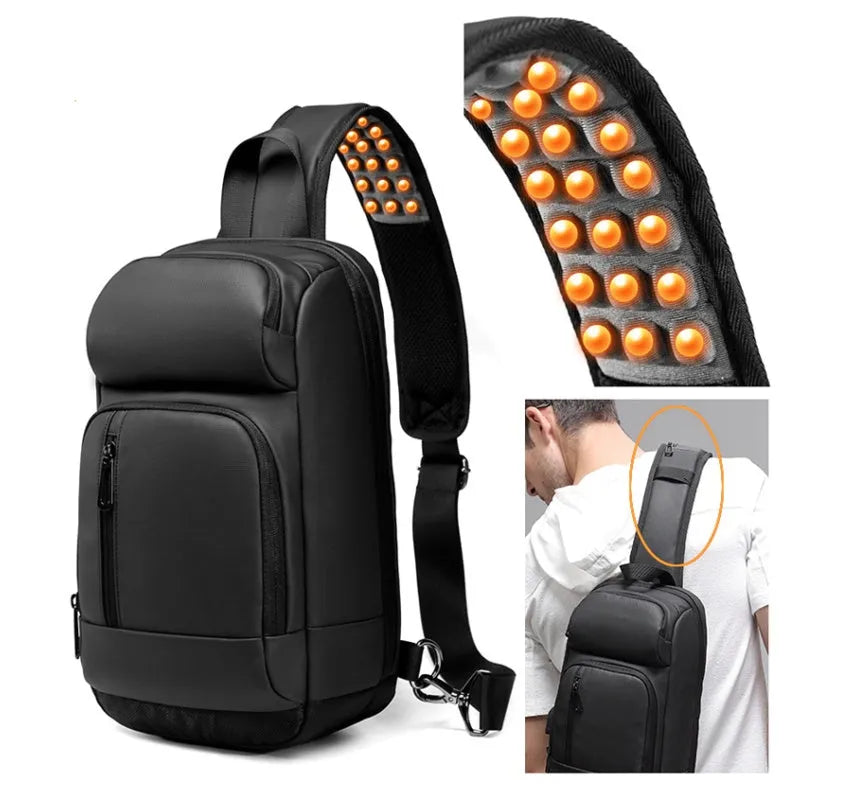 Black PVC medium-sized shoulder bag with air cushion strap and soft handle.