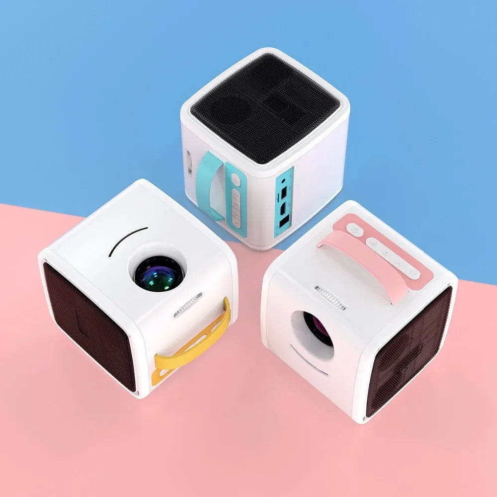 Blue US mini home theater projector showing a large projected image on a wall