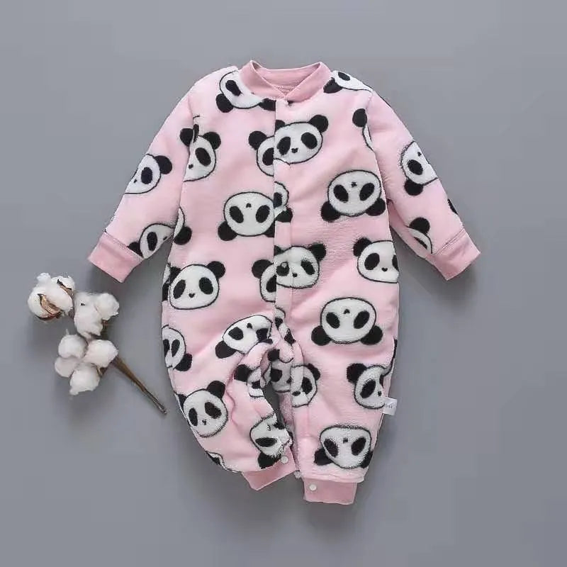 Baby wearing long sleeve flannel romper with animal print design