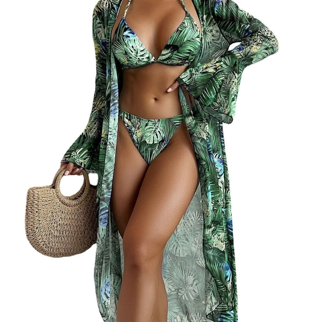 European American split bikini cover beach swimsuit three-piece set in green flower print with coat top and shorts