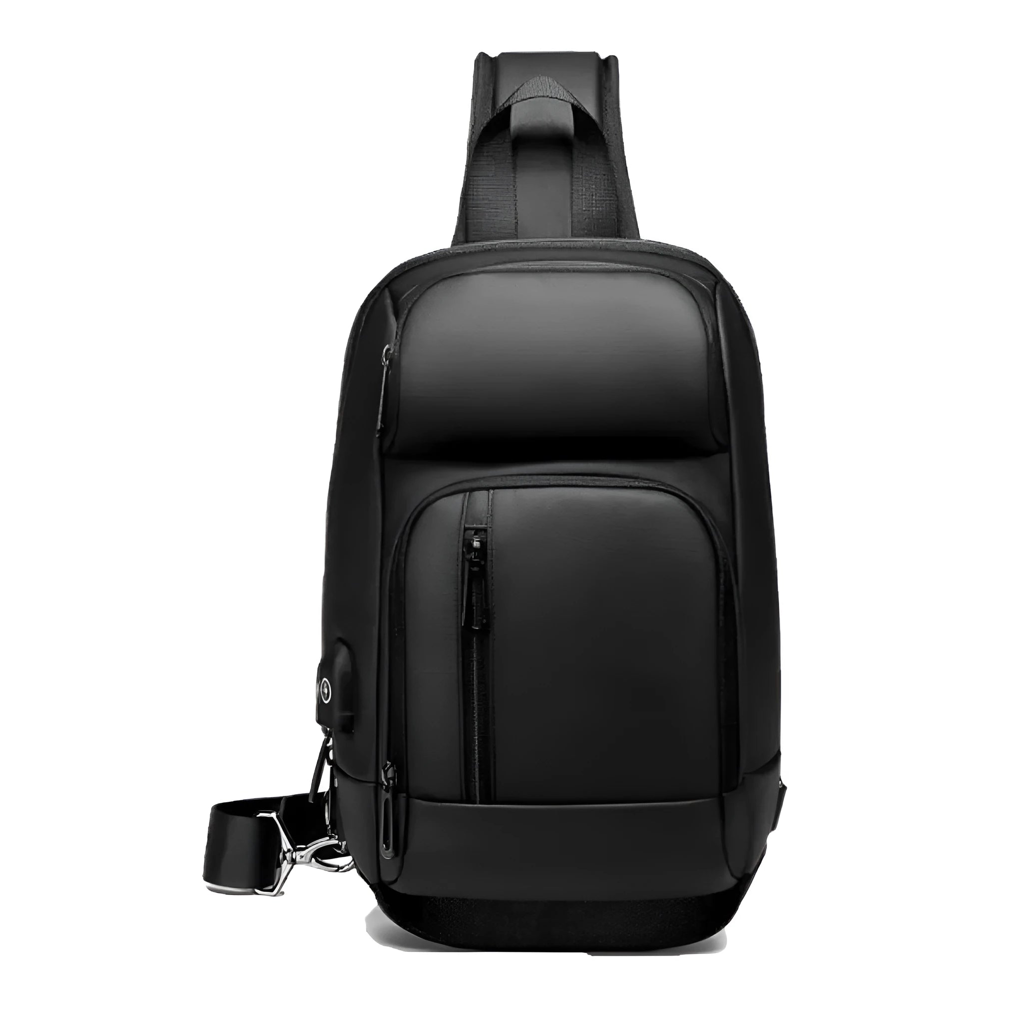 Black PVC medium-sized shoulder bag with air cushion strap and soft handle.