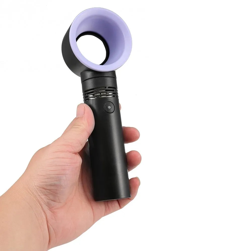 A portable bladeless desk fan with USB charging cable, shown in one of the available colours such as blue, black, or white.
