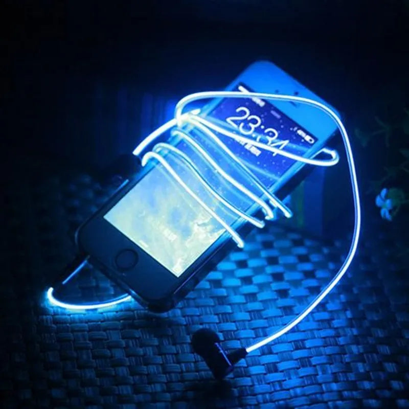 Blue LED light-up earphones with 3.5mm jack, compatible with iPhones, showing illuminated earpieces.