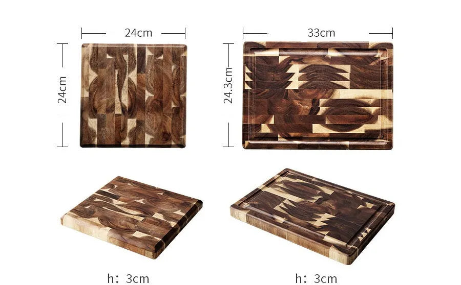 Brown parquet pattern solid acacia wood chopping board on a kitchen counter.