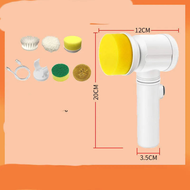 Electric kitchen cleaning brush with replaceable nylon and sponge brush heads for automatic scrubbing